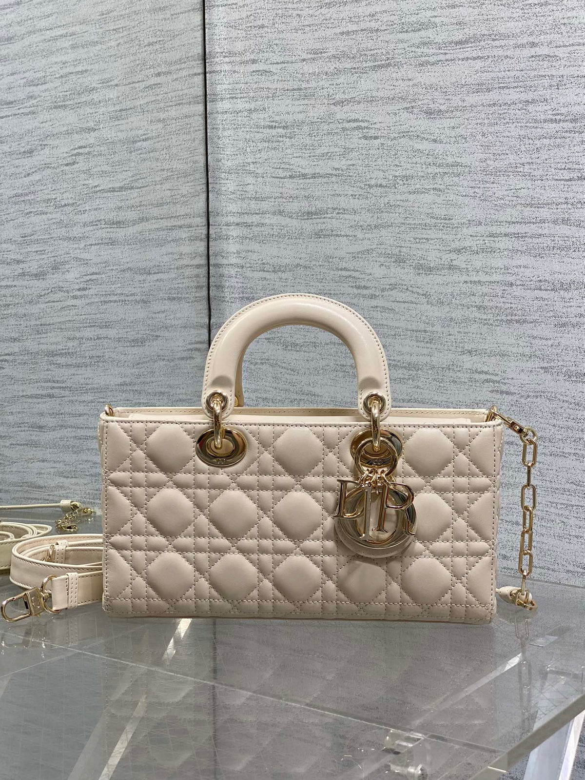 Dior 25S Medium Lady D-Joy 26 in Beige Lambskin Gold Hardware Bag