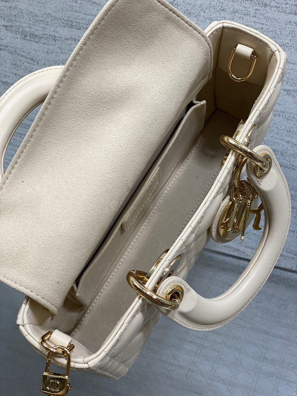 Dior 25S Small Lady D-Joy 22 in Beige Lambskin Gold Hardware Bag