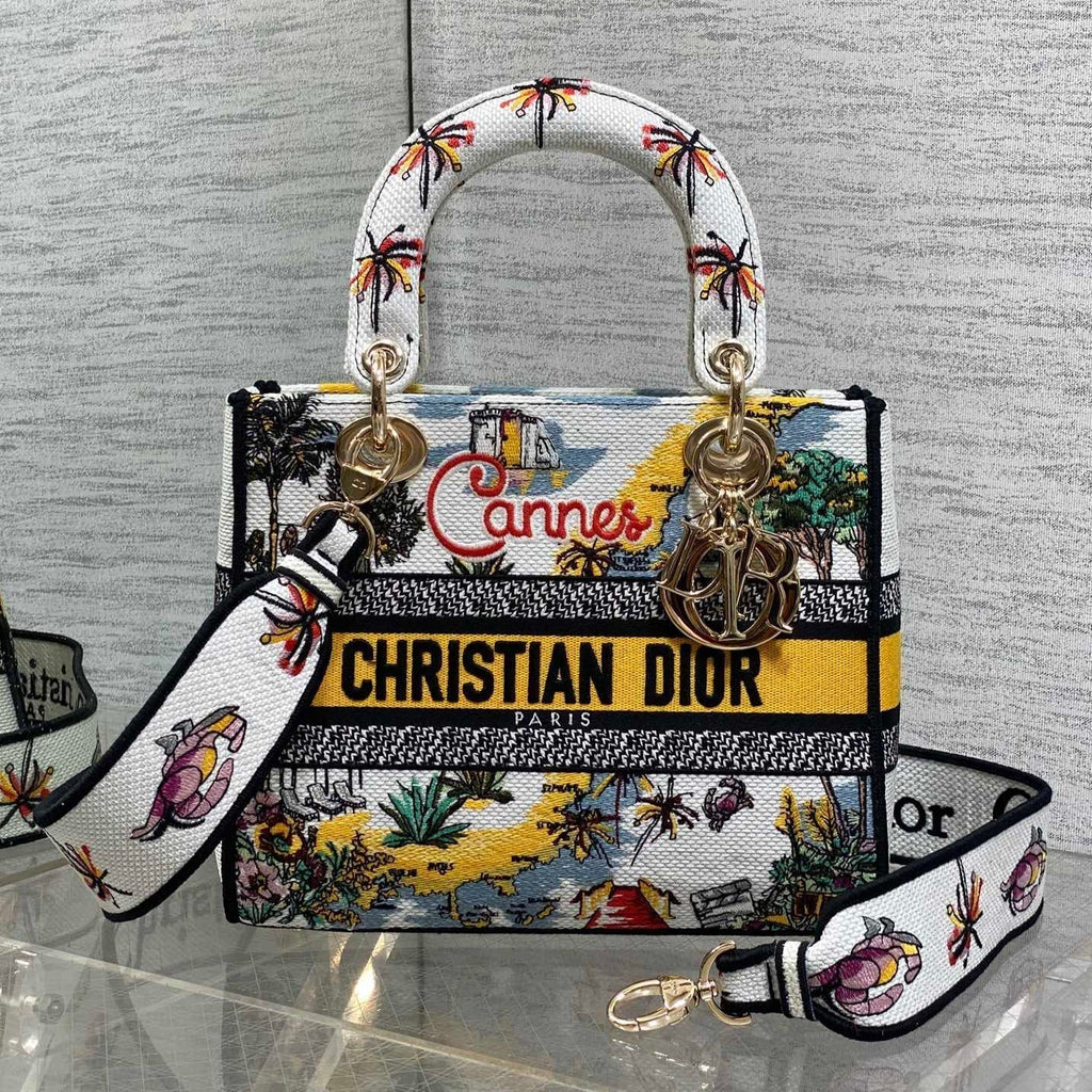 Dior 25S Small Lady D-Lite Bag 24 in Yellow Canvas Cannes