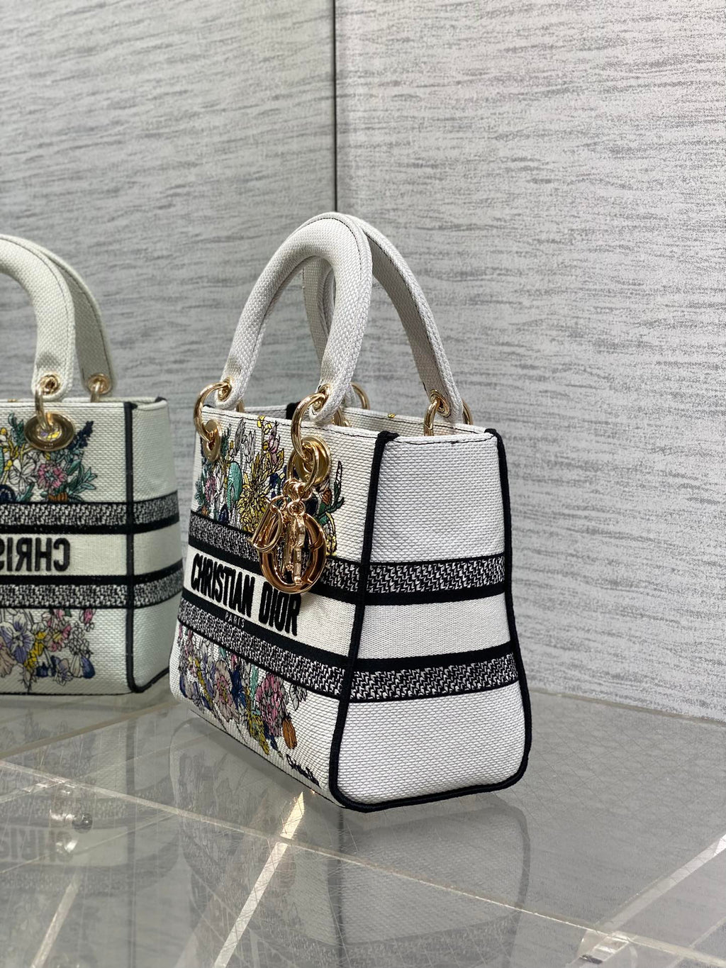 Dior 25S Small Lady D-Lite Bag 24 in White Flowers Calendar Allover Embroidery
