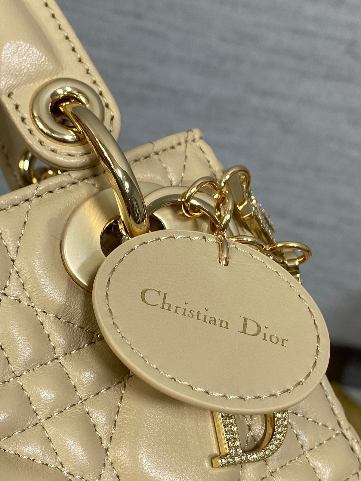Dior 25S Mini Lady Bag 17 in Biscuit Calfskin Charm Crystal Embellishments