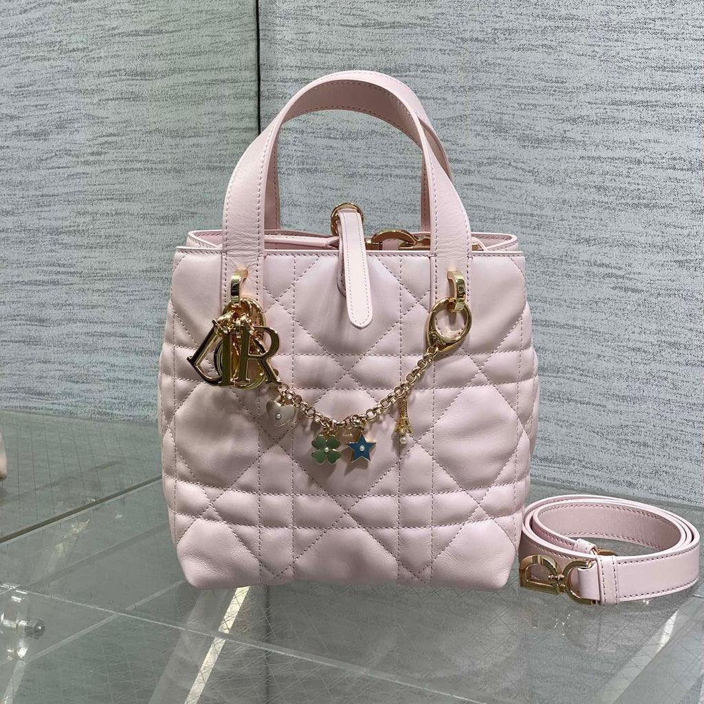Dior 25S Toujours Vertical Tote Bag 18 in Light Pink Calfskin with Charm Bracelet Strap
