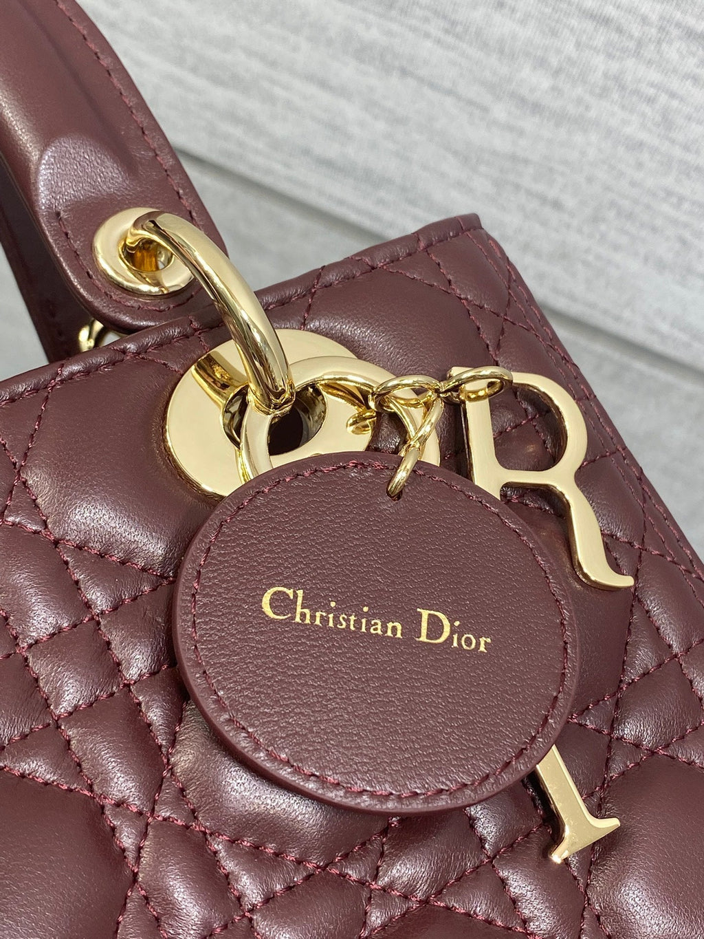 Dior 25S Medium Lady Bag 24 in Burgundy Calfskin Gold Hardwre