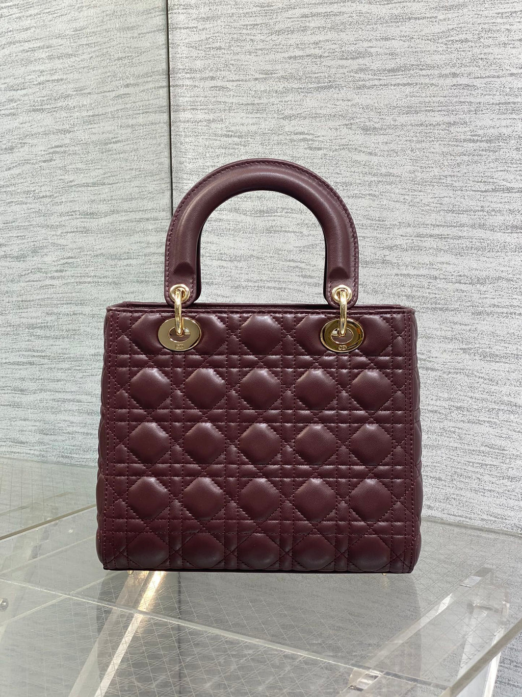 Dior 25S Medium Lady Bag 24 in Burgundy Calfskin Gold Hardwre