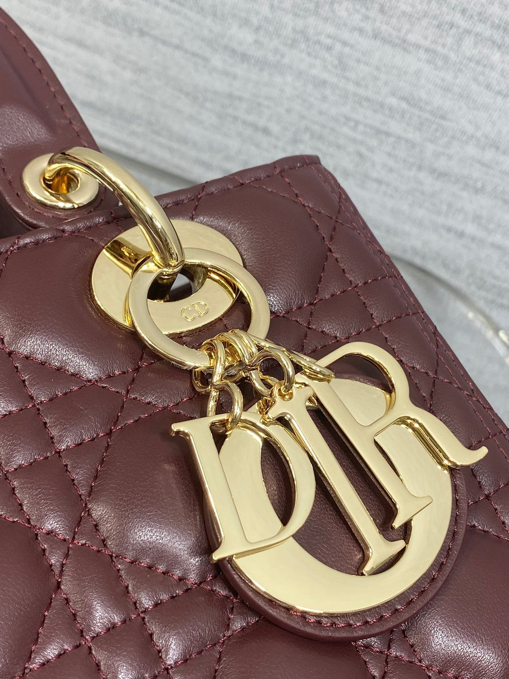 Dior 25S Medium Lady Bag 24 in Burgundy Calfskin Gold Hardware