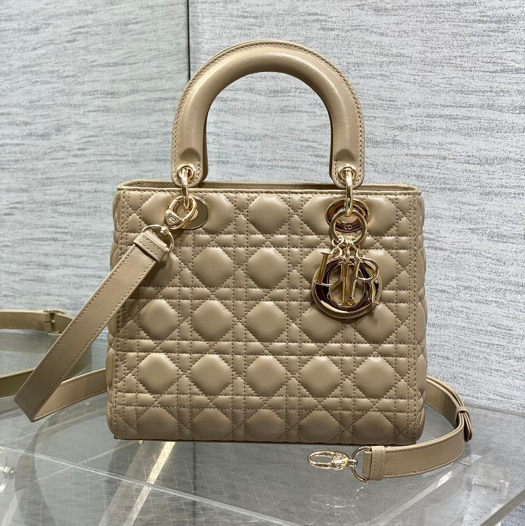Dior 25S Medium Lady Bag 24 in Powder Beige Calfskin Gold Hardwre