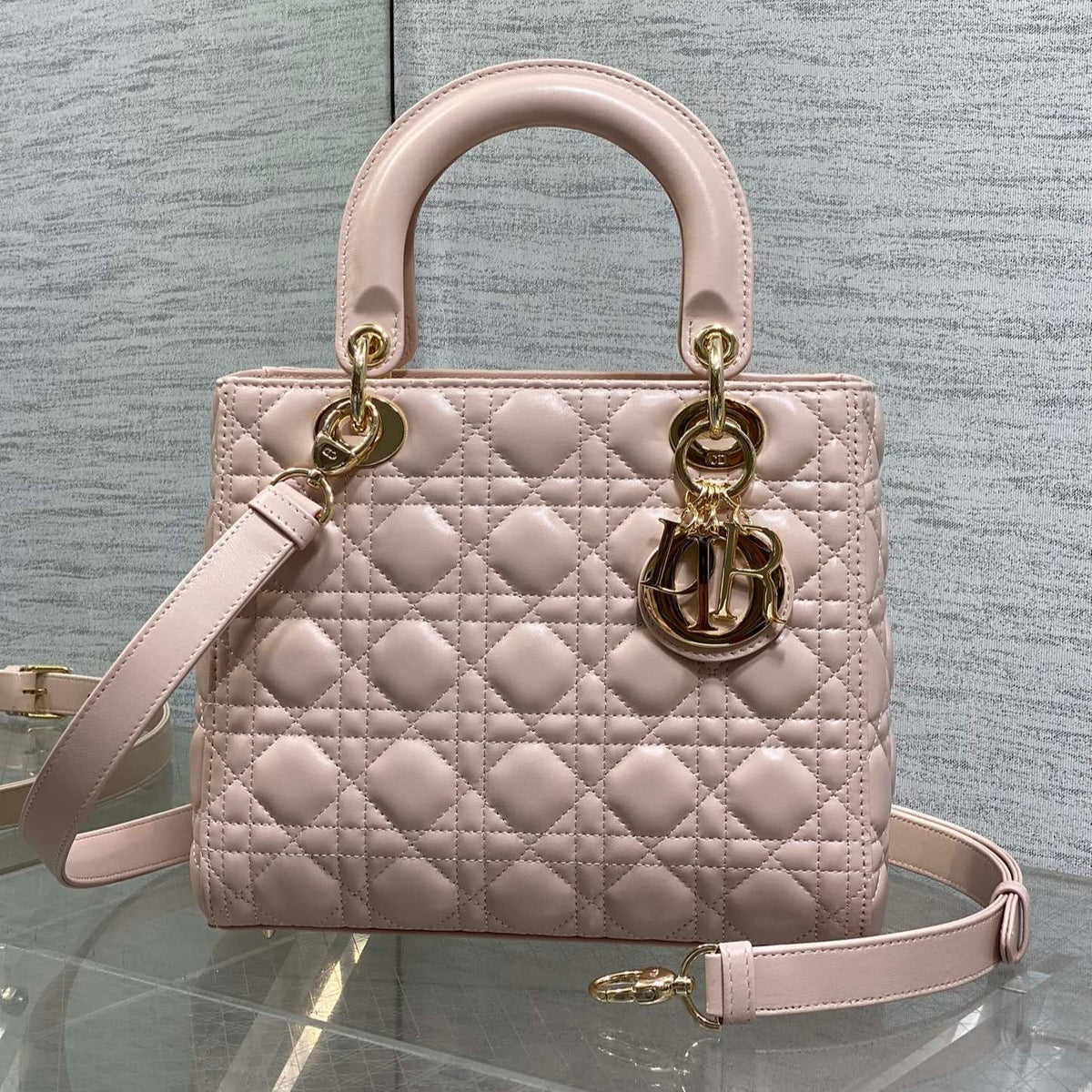 Dior 25S Medium Lady Bag 24 in Pink Calfskin Gold Hardware