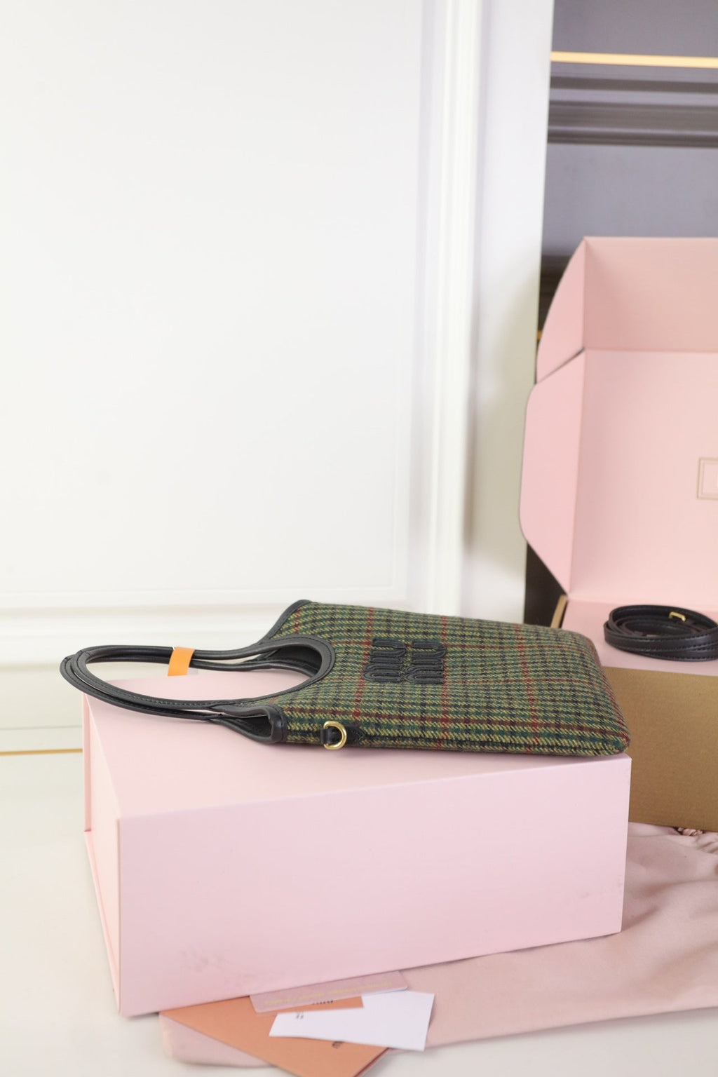 Ivy Mini Tote Bag 20 in Colorful Tartan and Black Leather Trim