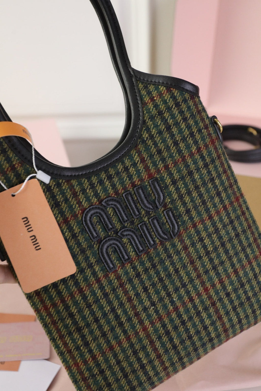 Ivy Mini Tote Bag 20 in Colorful Tartan and Black Leather Trim