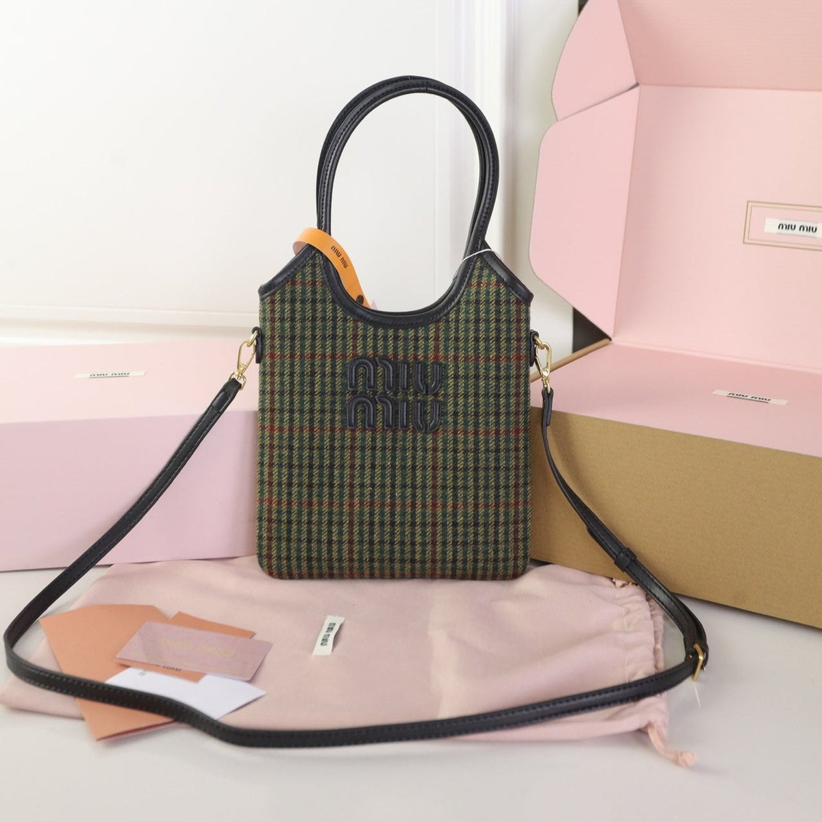 Ivy Mini Tote Bag 20 in Colorful Tartan and Black Leather Trim