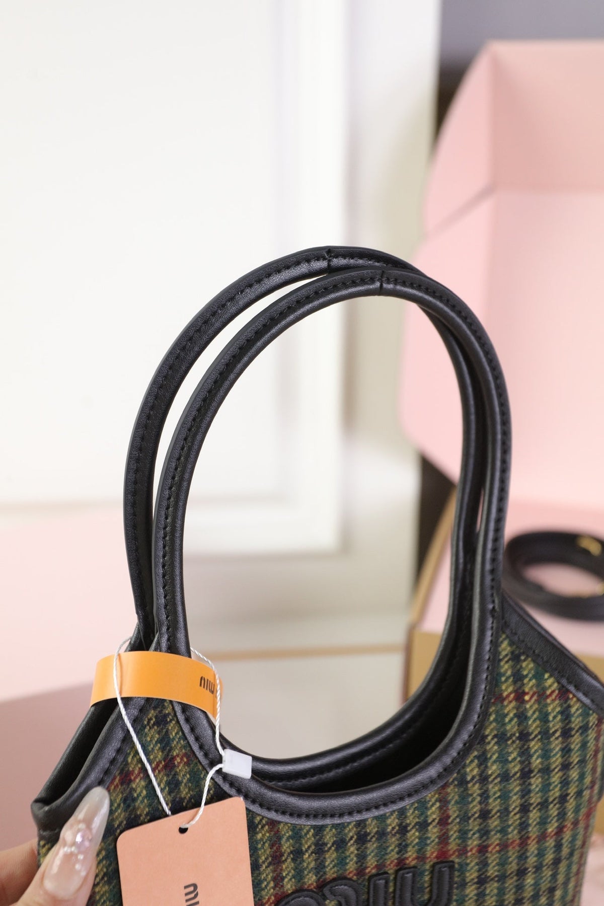 Ivy Mini Tote Bag 20 in Colorful Tartan and Black Leather Trim