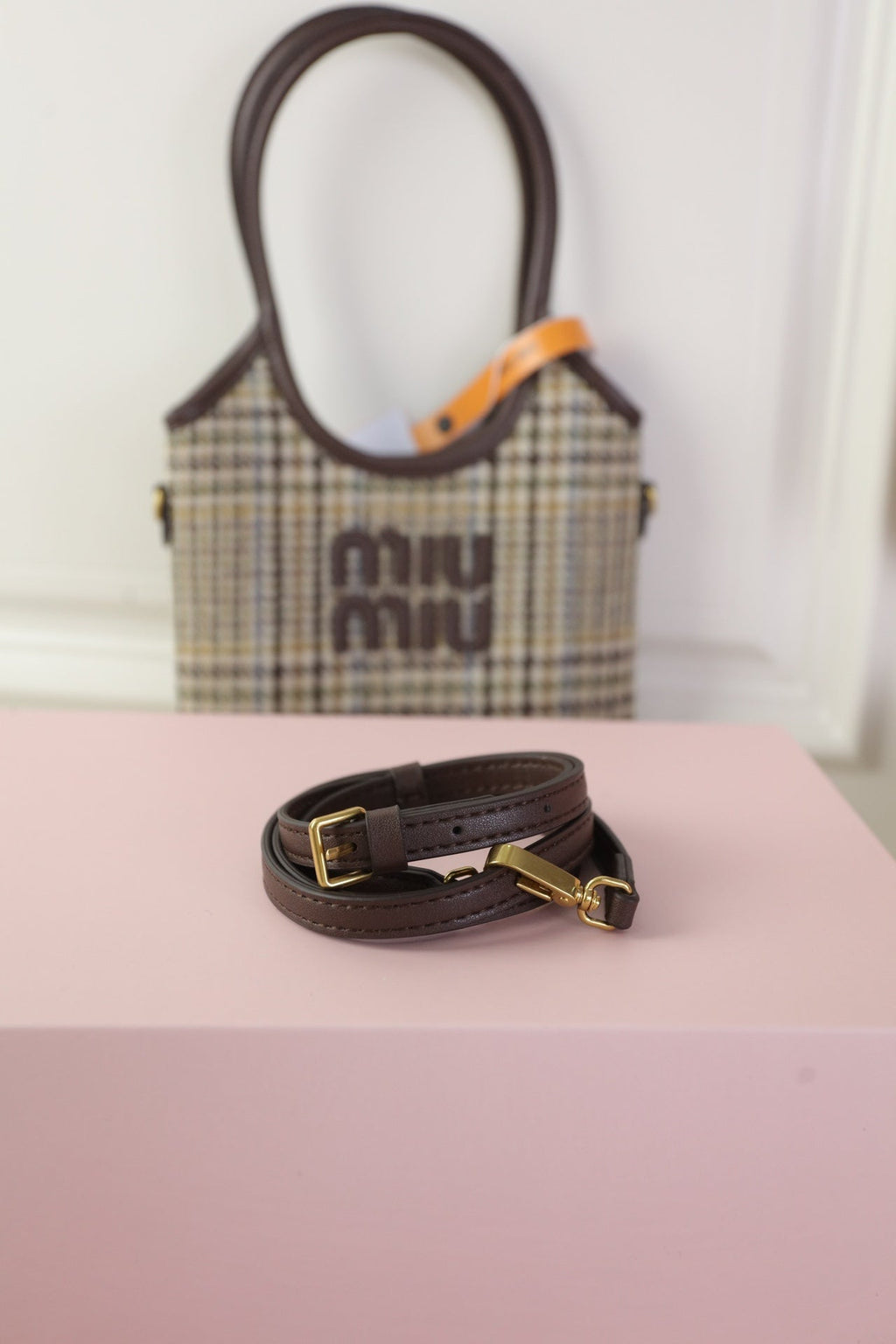 Ivy Mini Tote Bag 20 in Colorful Tartan and Brown Leather Trim