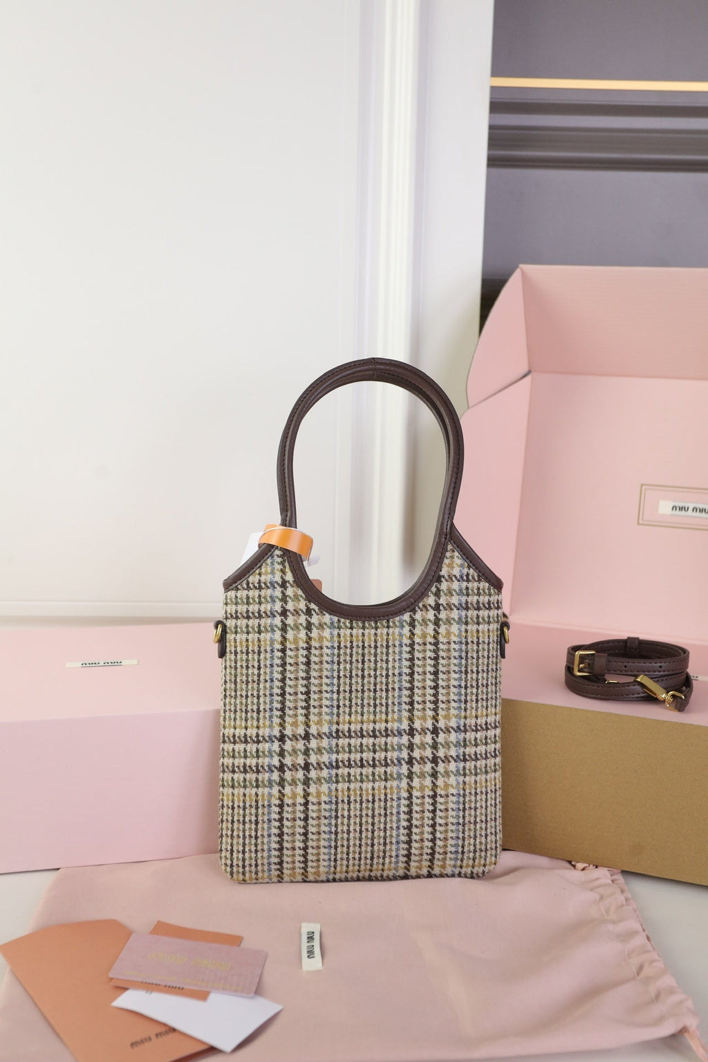 Ivy Mini Tote Bag 20 in Colorful Tartan and Brown Leather Trim
