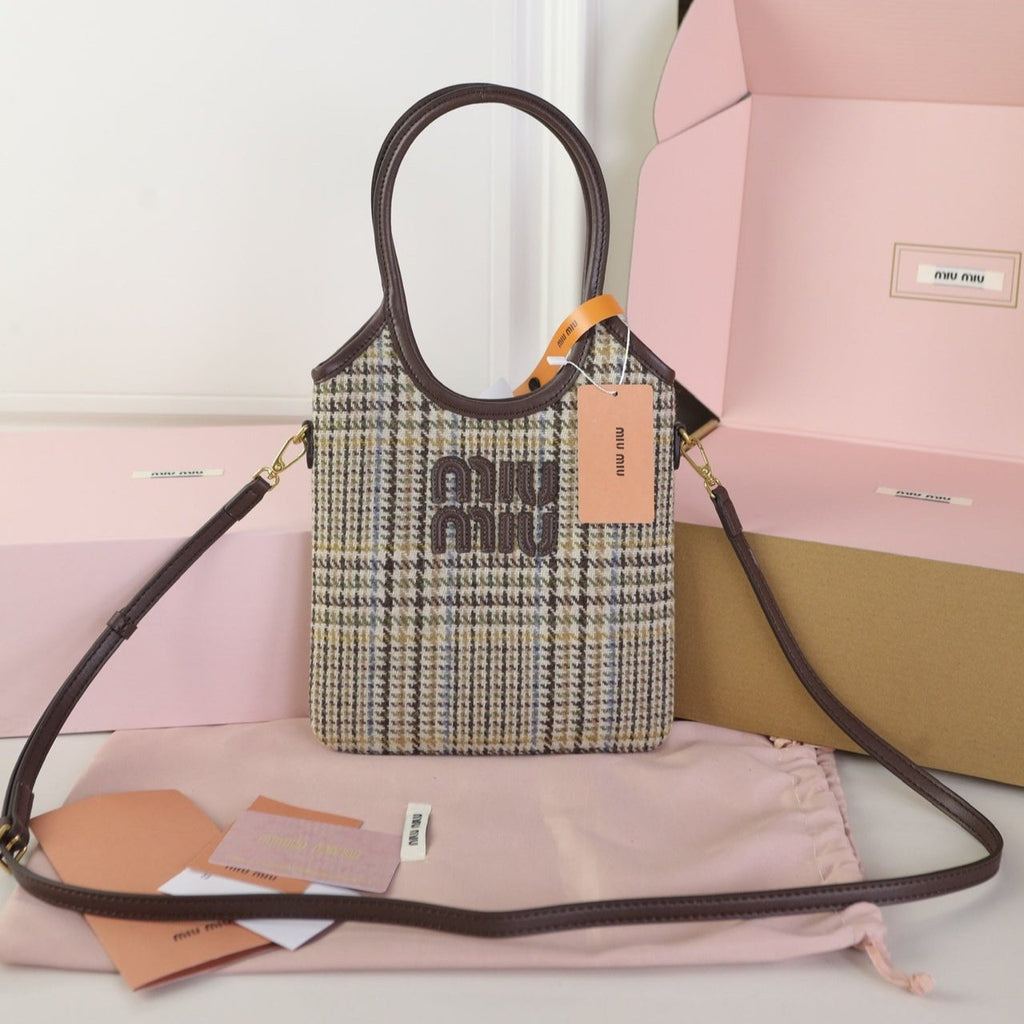 Ivy Mini Tote Bag 20 in Colorful Tartan and Brown Leather Trim