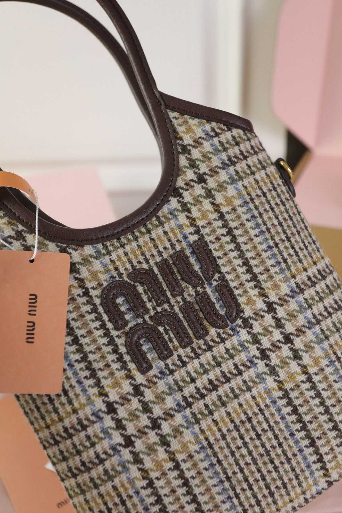 Ivy Mini Tote Bag 20 in Colorful Tartan and Brown Leather Trim