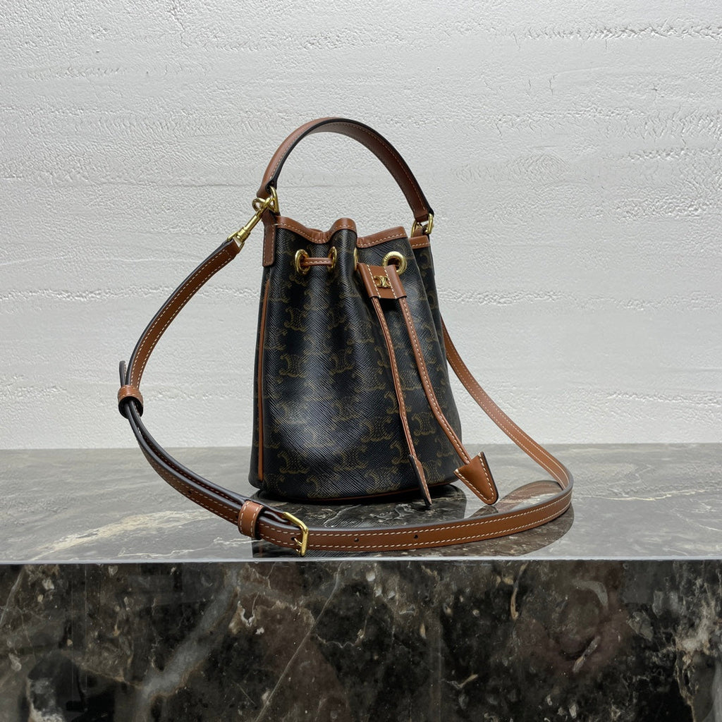 Celine Clara Bag 19 in Black Triomphe Canvas and Brown Calfskin Trim