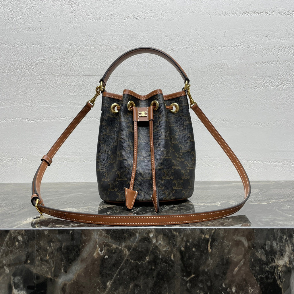 Celine Clara Bag 19 in Black Triomphe Canvas and Brown Calfskin Trim