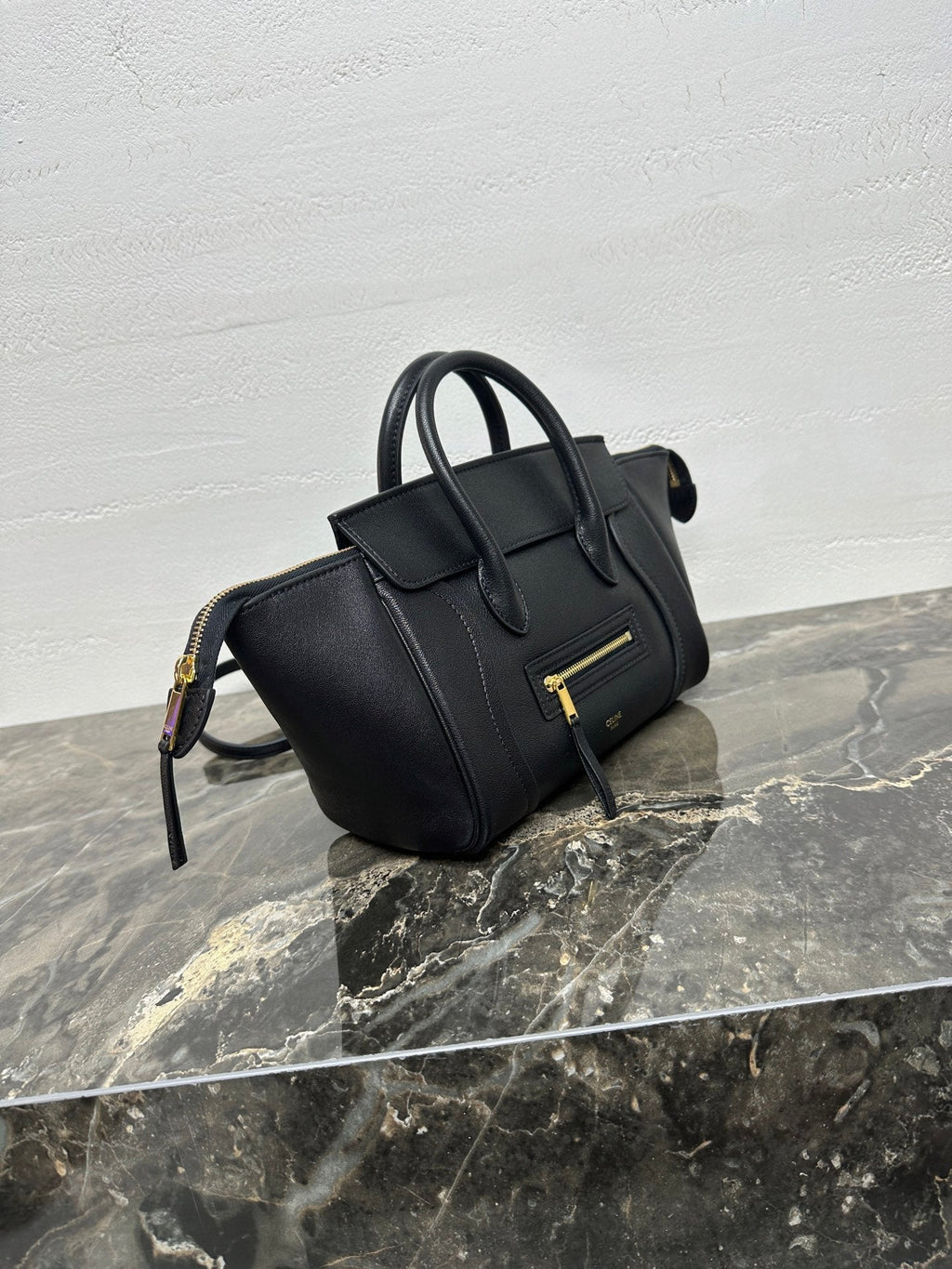 Celine 25S New Luggage 38mm in Black Shiny Lambskin Gold Hardware Bag