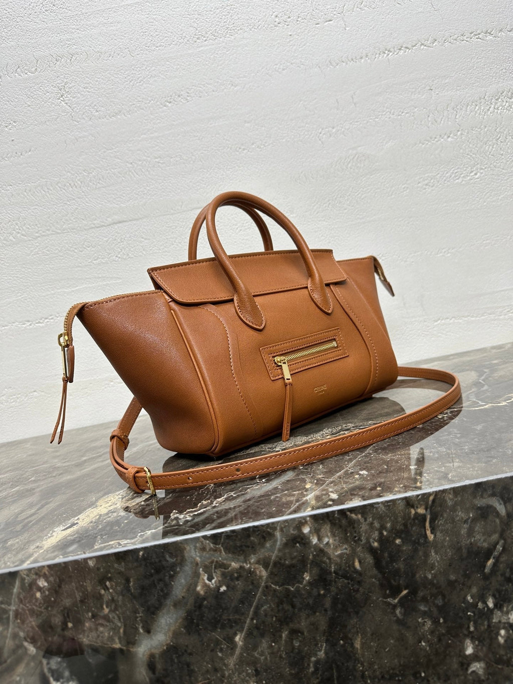 Celine 25S New Luggage 38mm in Tan Brown Lambskin Gold Hardware Bag
