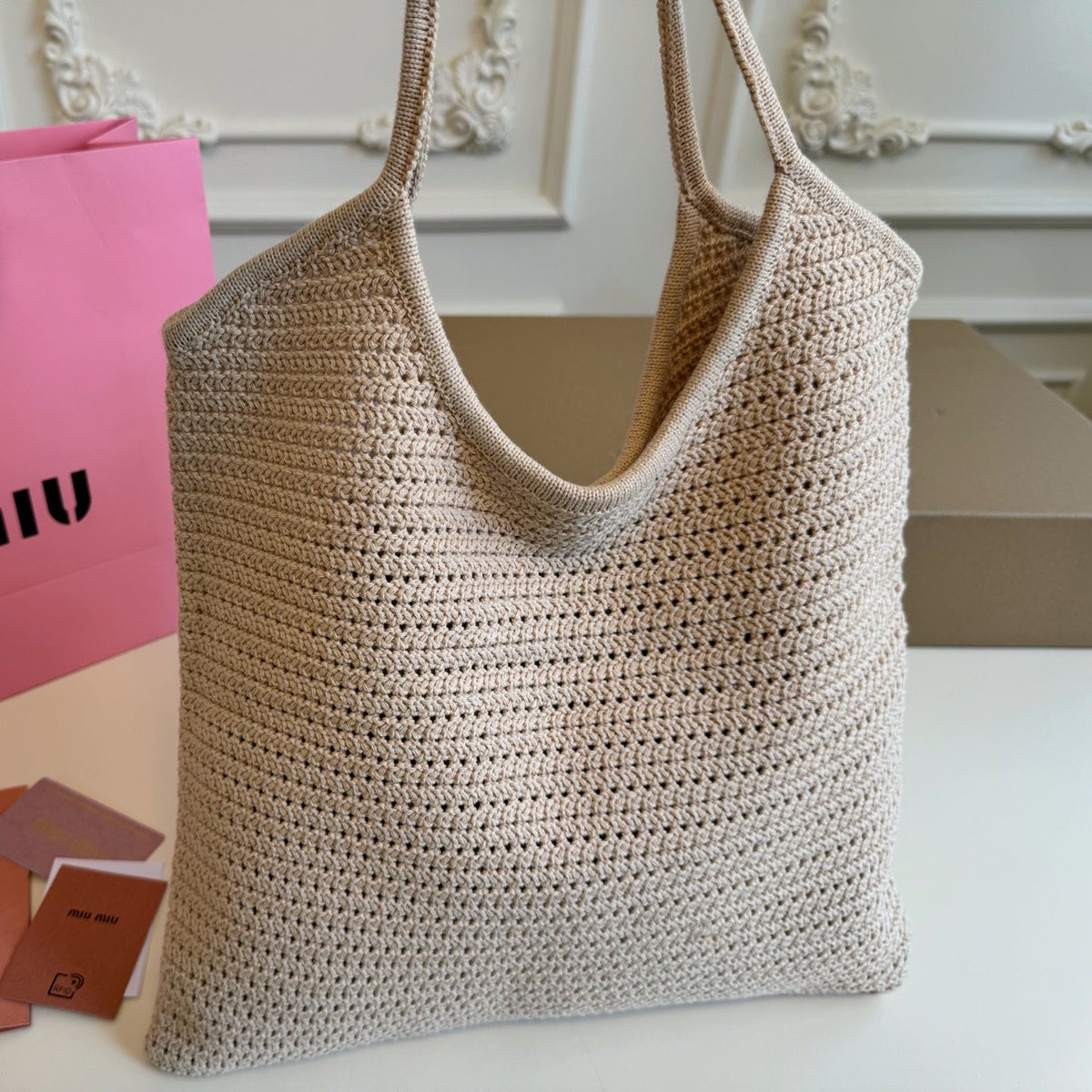 Hollow Knitted Tote Bag 35 in Off White Mix Black Woven Fabric