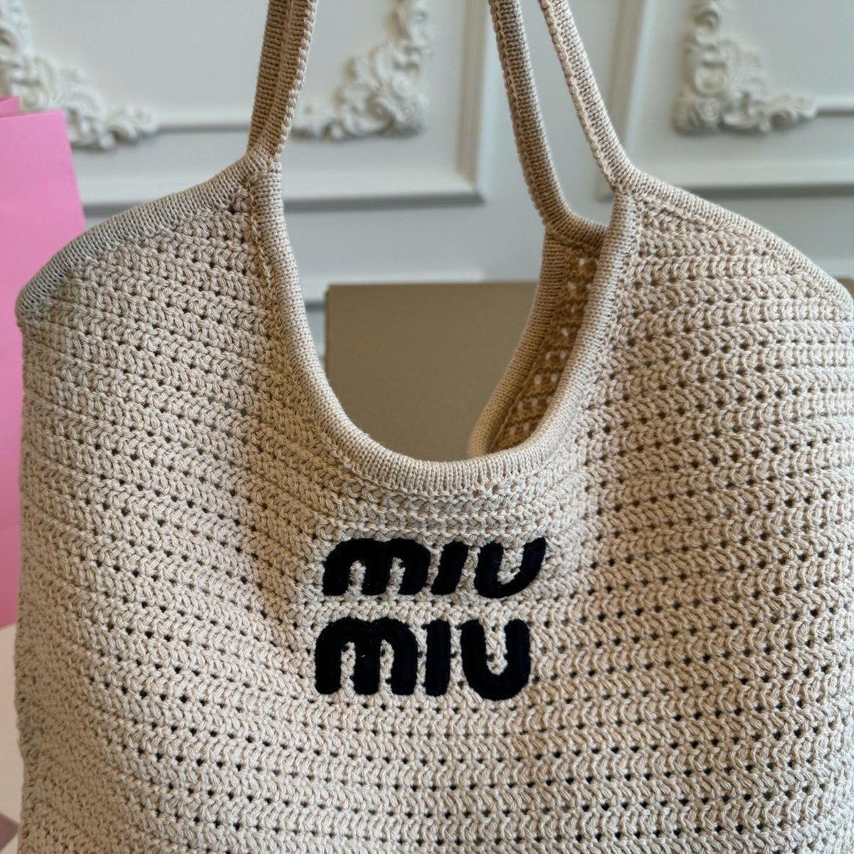 Hollow Knitted Tote Bag 35 in Off White Mix Black Woven Fabric