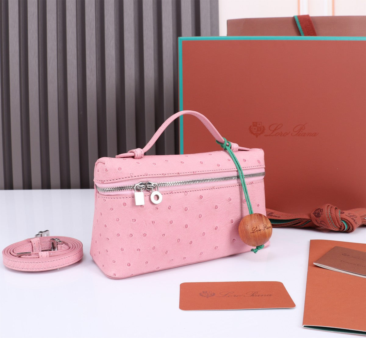 Loro Piana Extra Pocket L19 in Baby Pink Ostrich Leather Bag