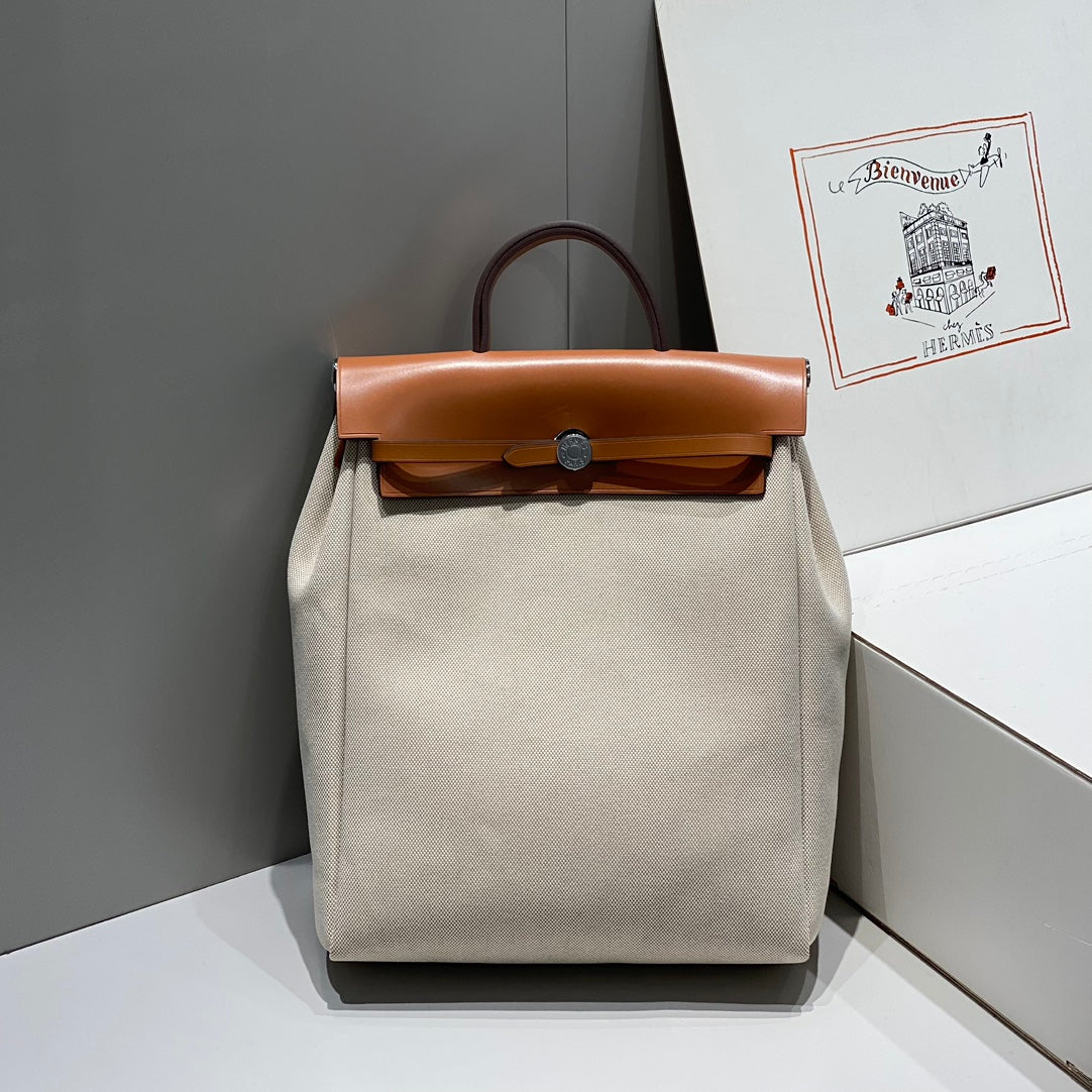 Hermes Herbag a Dos Zip Retourne Backpack 29 in Off-White Canvas and Brown Calfskin