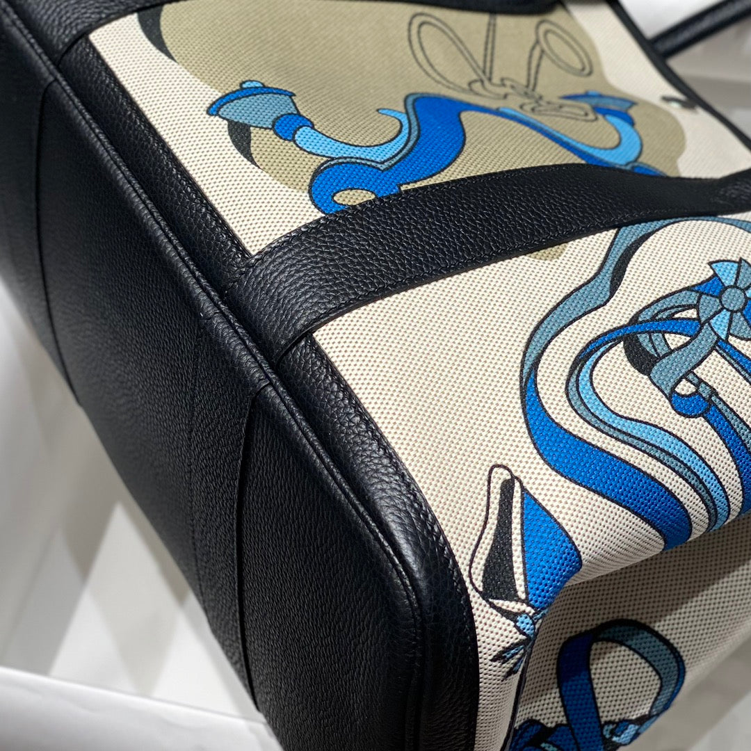 Hermes Garden Party 36 in Blue Ivory Toile H Canvas Black Calfskin Equestrian Harness Print Bag