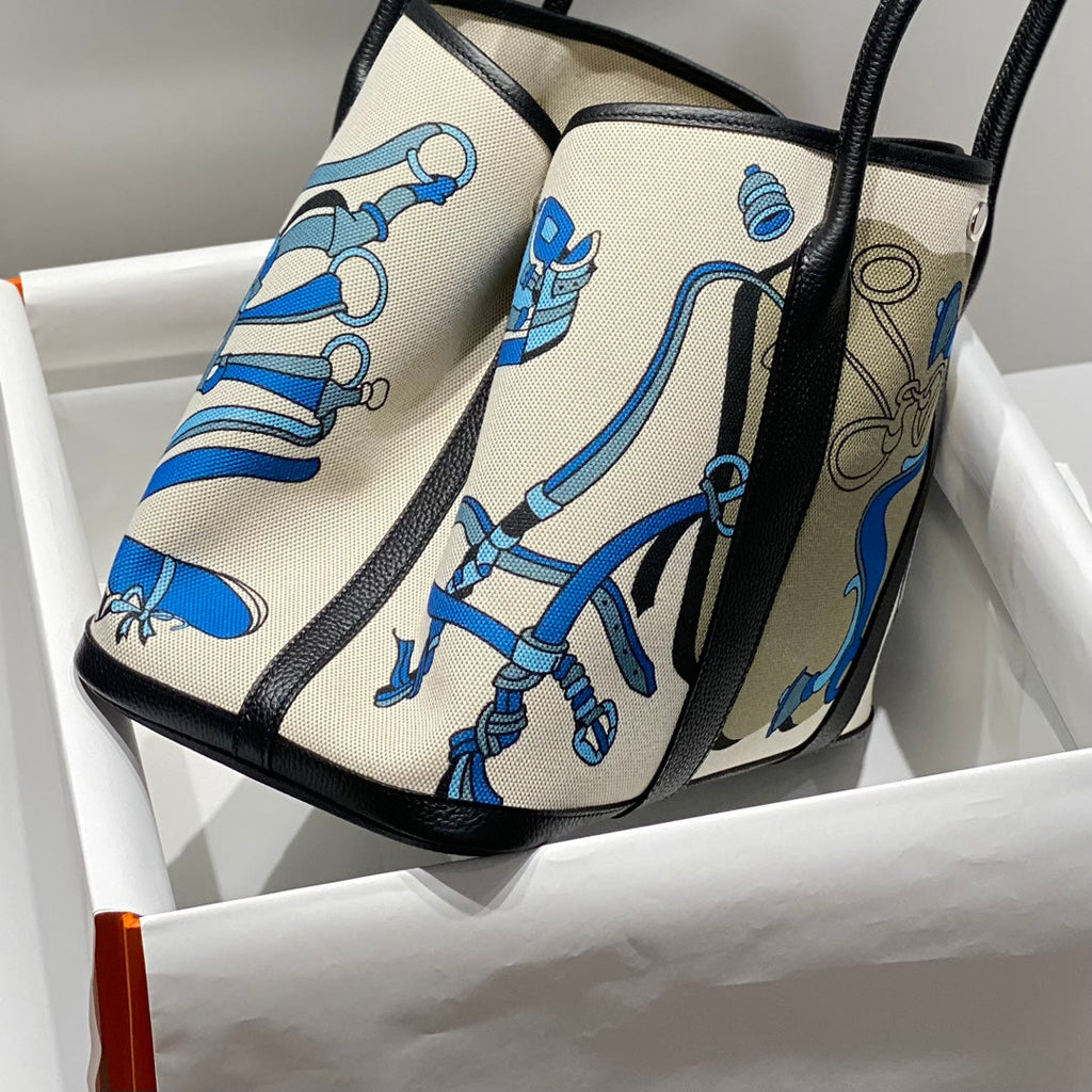 Hermes Garden Party 36 in Blue Ivory Toile H Canvas Black Calfskin Equestrian Harness Print Bag