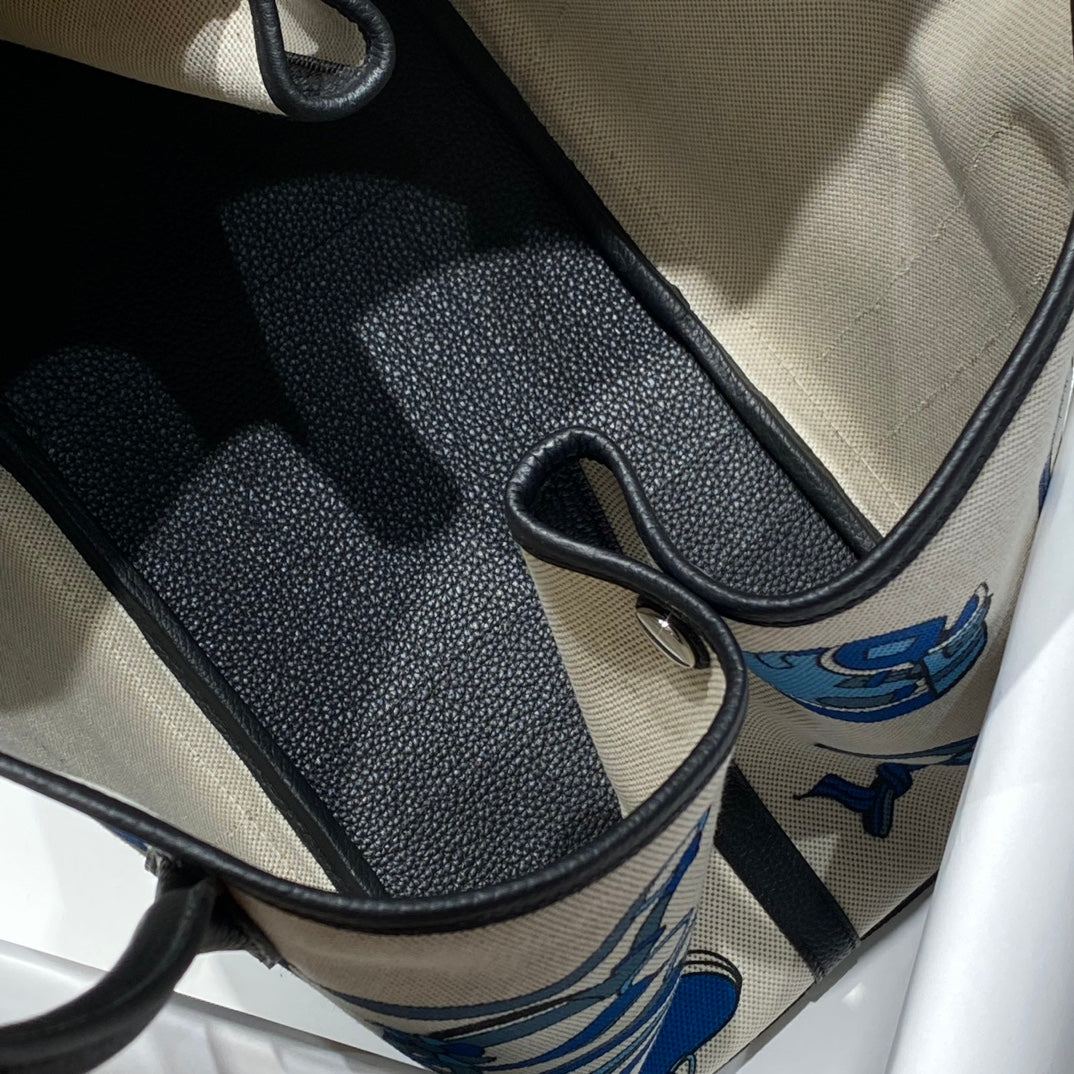 Hermes Garden Party 36 in Blue Ivory Toile H Canvas Black Calfskin Equestrian Harness Print Bag