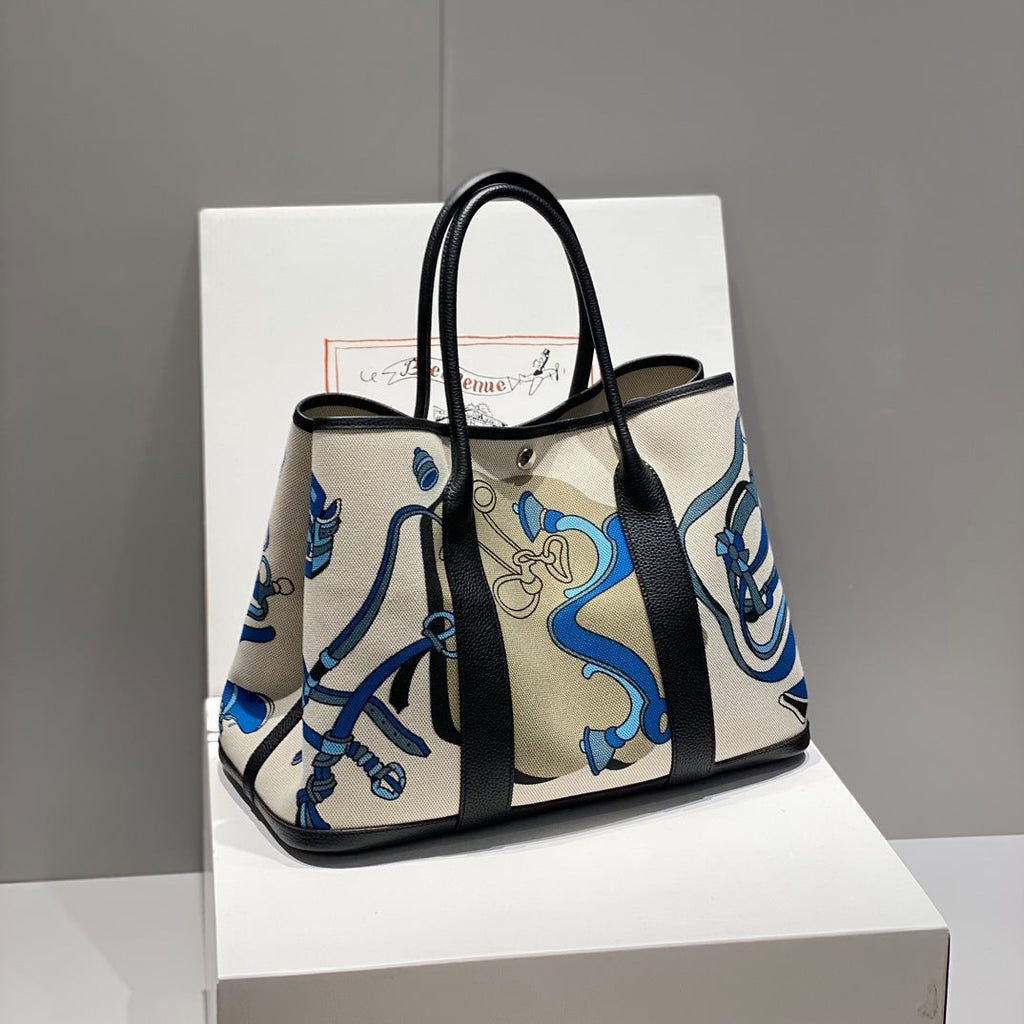 Hermes Garden Party 36 in Blue Ivory Toile H Canvas Black Calfskin Equestrian Harness Print Bag