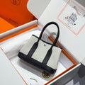 Hermes Garden Party 23cm in White Toilets Cotton Canvas and Black Calfskin Bag