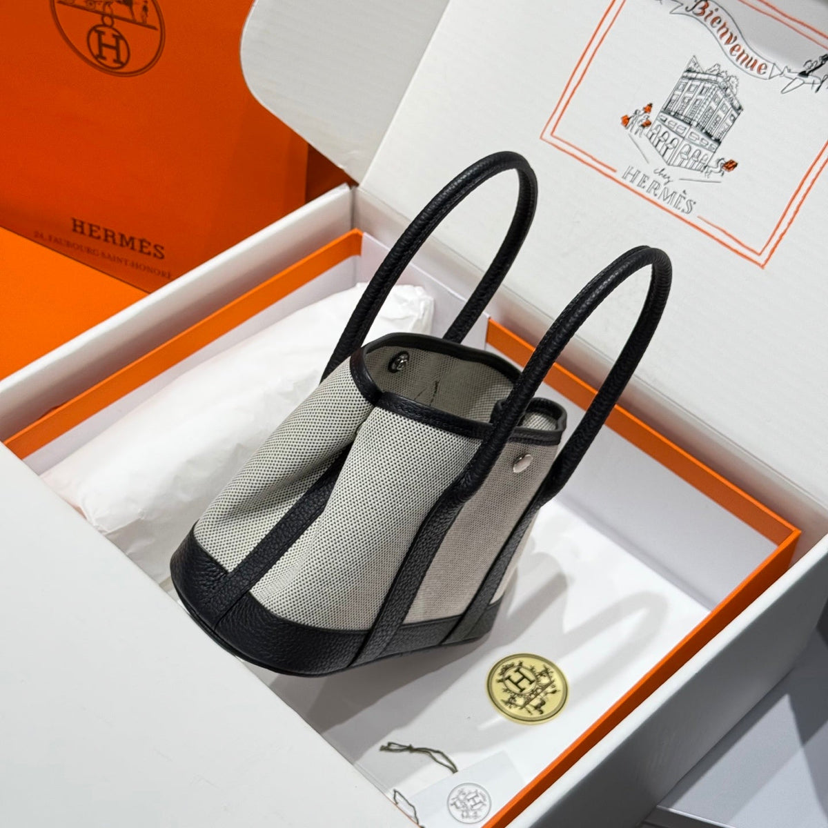 Hermes Garden Party 23cm in White Toilets Cotton Canvas and Black Calfskin Bag