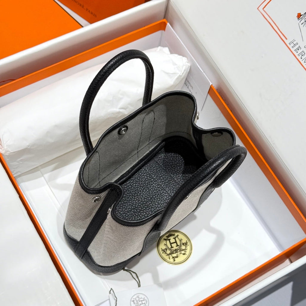 Hermes Garden Party 23cm in White Toilets Cotton Canvas and Black Calfskin Bag