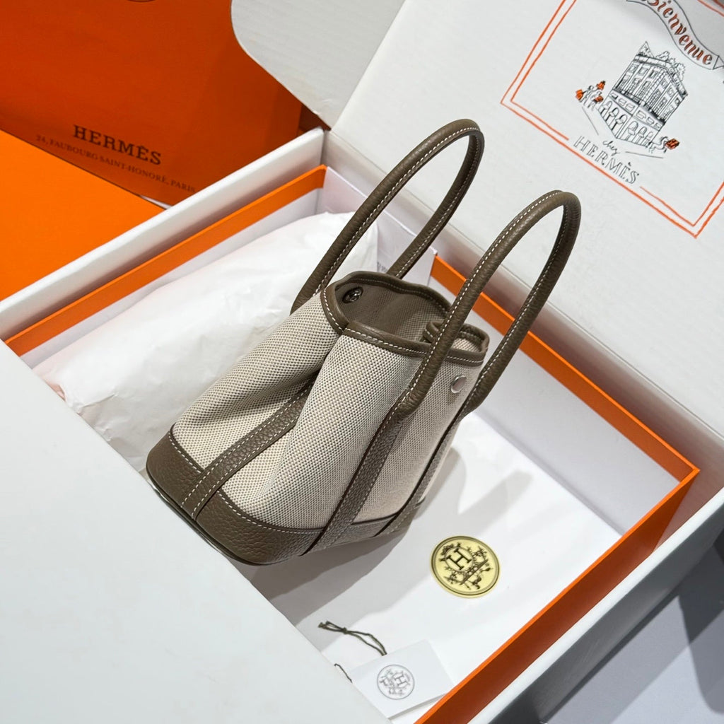 Hermes Garden Party 23cm in White Toilets Cotton Canvas and Taupe Calfskin Bag