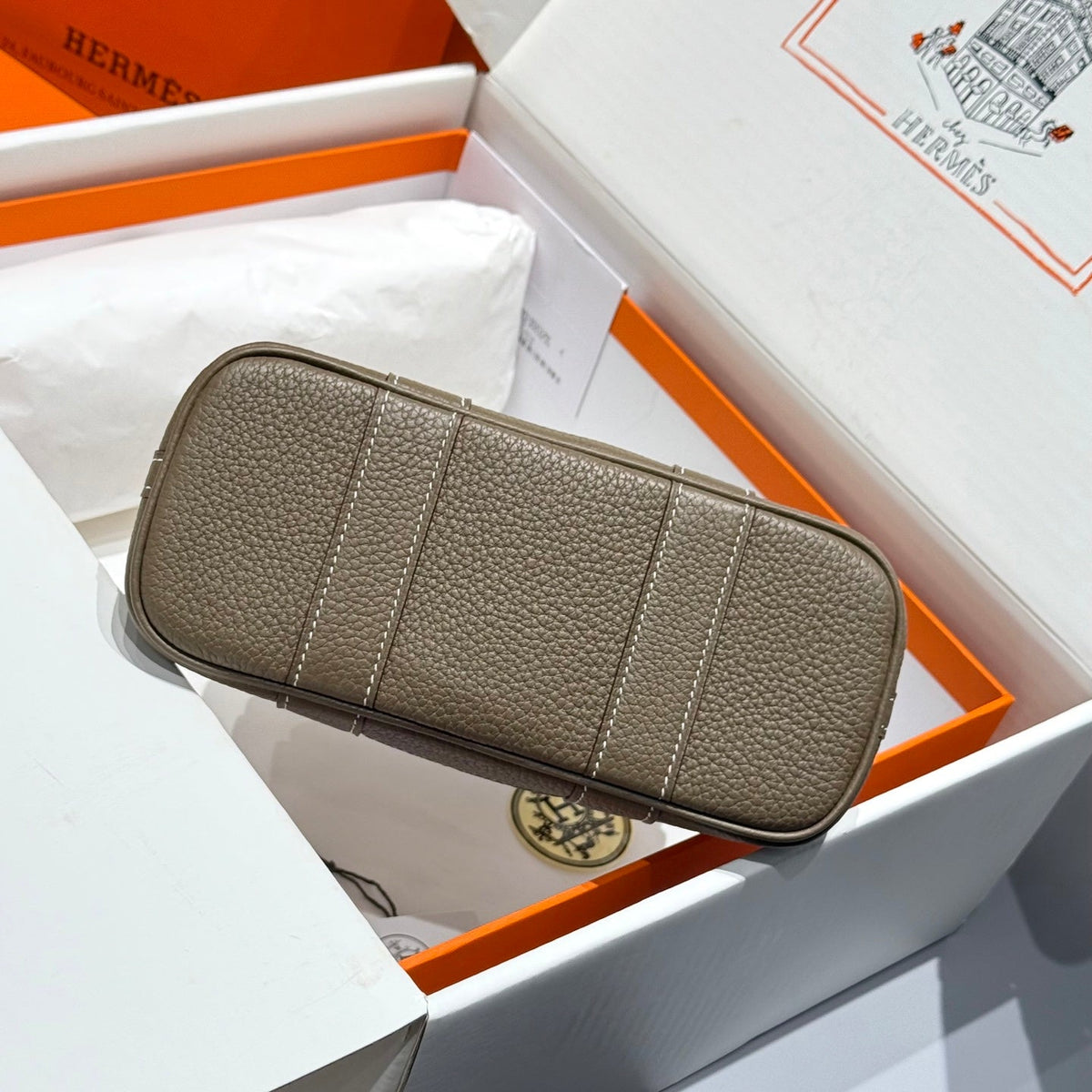 Hermes Garden Party 23cm in White Toilets Cotton Canvas and Taupe Calfskin Bag