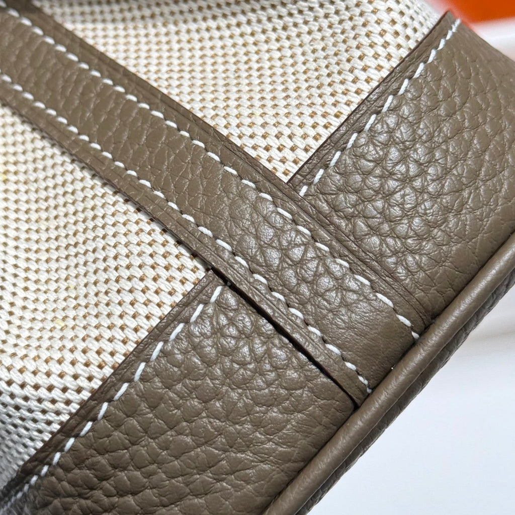 Hermes Garden Party 23cm in White Toilets Cotton Canvas and Taupe Calfskin Bag