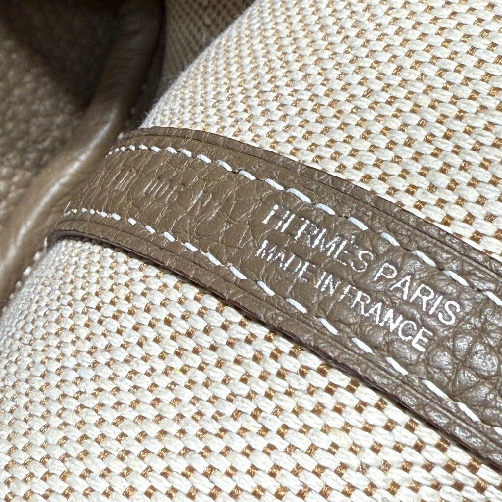 Hermes Garden Party 23cm in White Toilets Cotton Canvas and Taupe Calfskin Bag