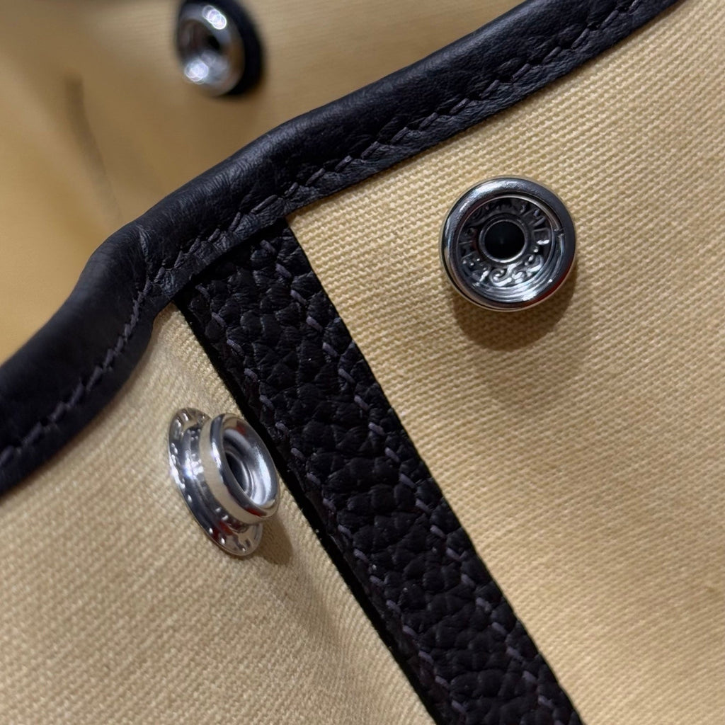 Hermes Garden Party 30cm in Dark Beige Toilets Cotton Canvas and Black Calfskin Bag