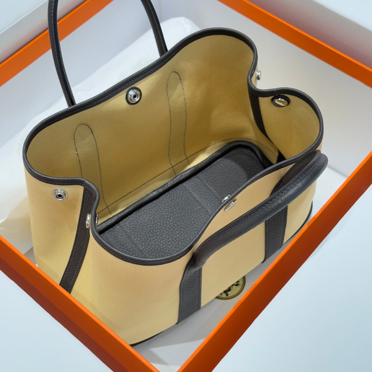 Hermes Garden Party 30cm in Dark Beige Toilets Cotton Canvas and Black Calfskin Bag