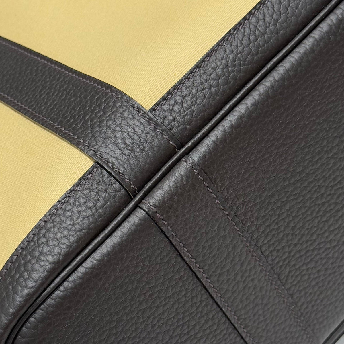 Hermes Garden Party 30cm in Dark Beige Toilets Cotton Canvas and Black Calfskin Bag