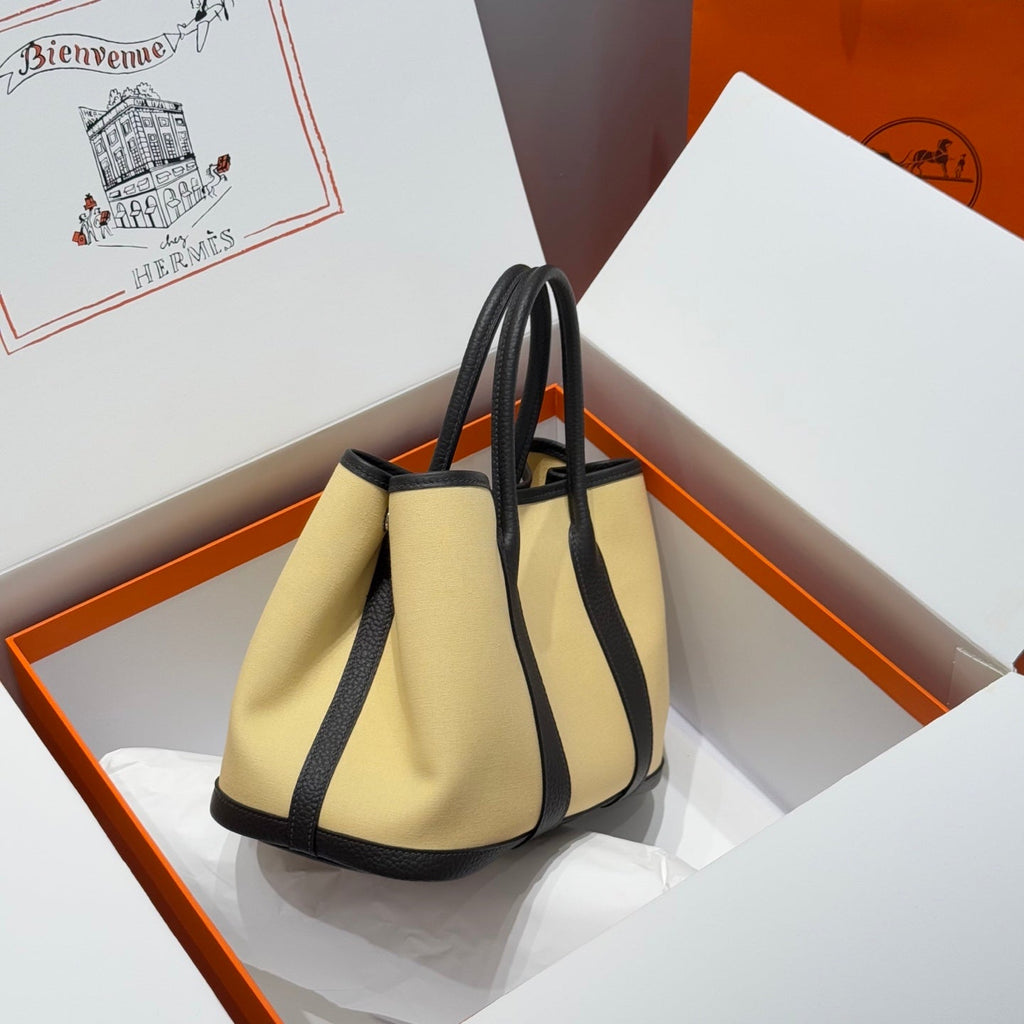 Hermes Garden Party 30cm in Dark Beige Toilets Cotton Canvas and Black Calfskin Bag