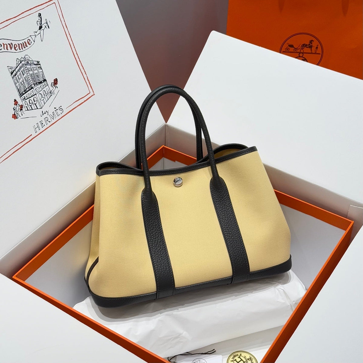 Hermes Garden Party 30cm in Dark Beige Toilets Cotton Canvas and Black Calfskin Bag