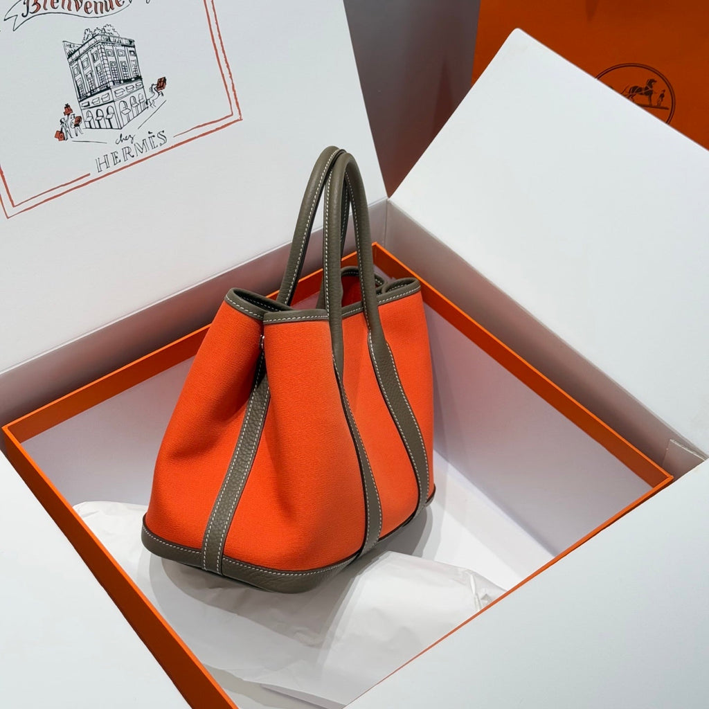 Hermes Garden Party 30cm in Orange Minimum Toilets Cotton Canvas and Brown Calfskin Bag