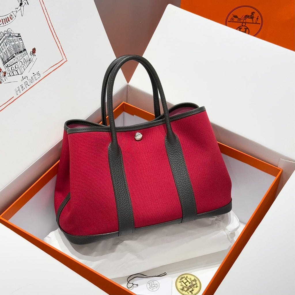 Hermes Garden Party 30cm in Red Toilets Cotton Canvas and Dark Brown Calfskin Pink On Side Other Bag
