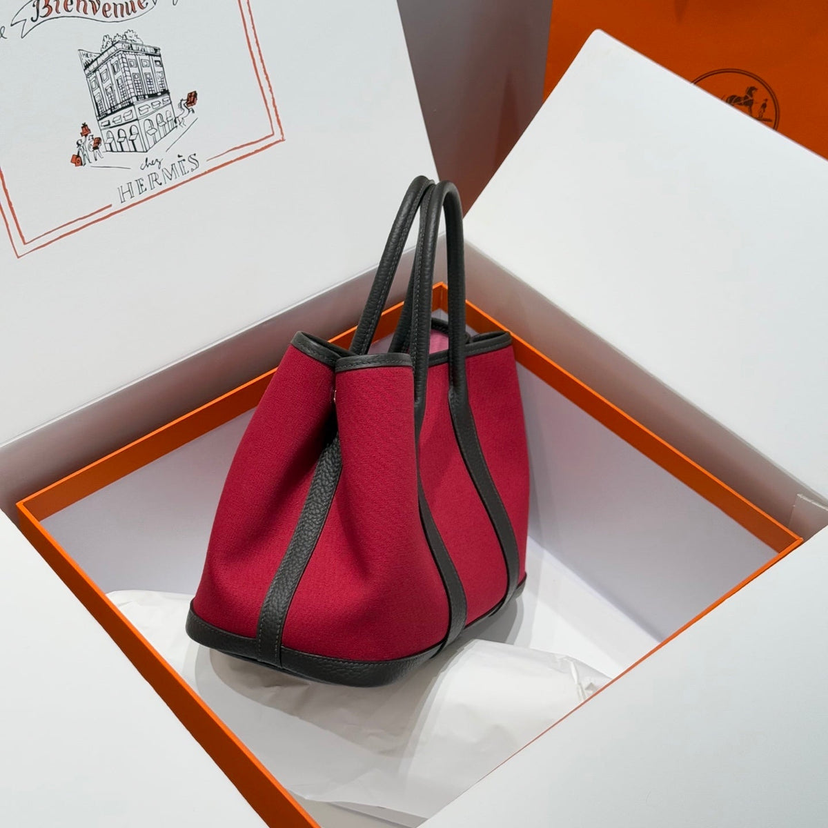 Hermes Garden Party 30cm in Red Toilets Cotton Canvas and Dark Brown Calfskin Pink On Side Other Bag