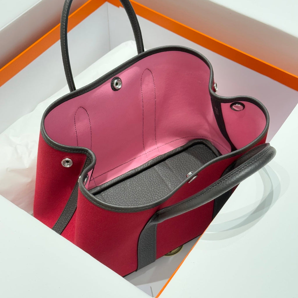 Hermes Garden Party 30cm in Red Toilets Cotton Canvas and Dark Brown Calfskin Pink On Side Other Bag