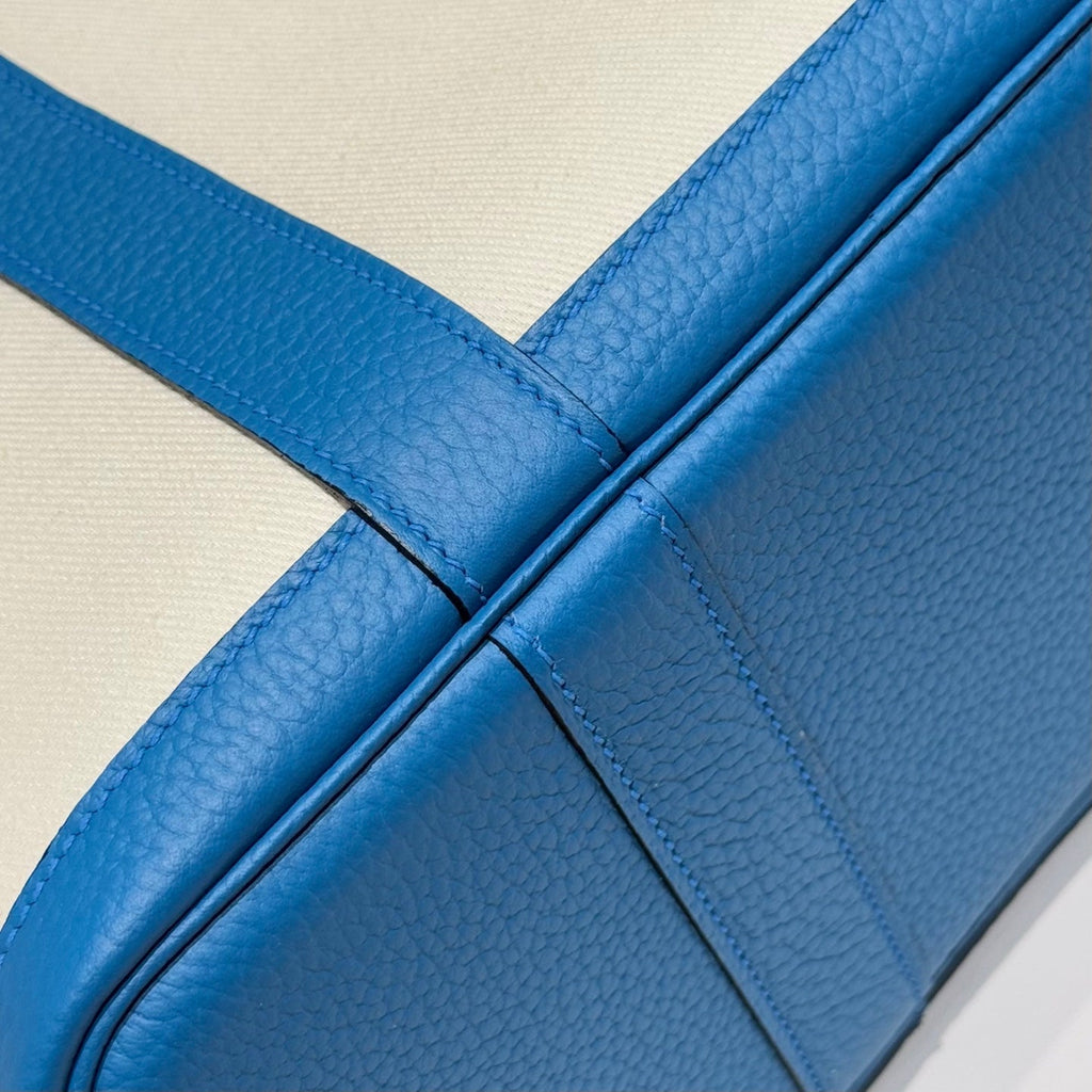 Hermes Garden Party 30cm in White Toilets Cotton Canvas and Blue Calfskin Green On Side Other Bag