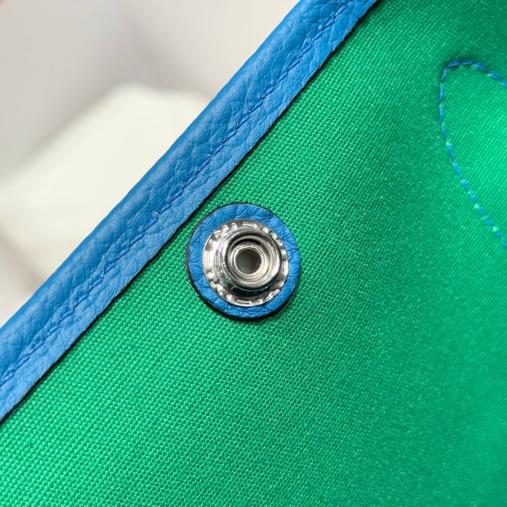 Hermes Garden Party 30cm in White Toilets Cotton Canvas and Blue Calfskin Green On Side Other Bag