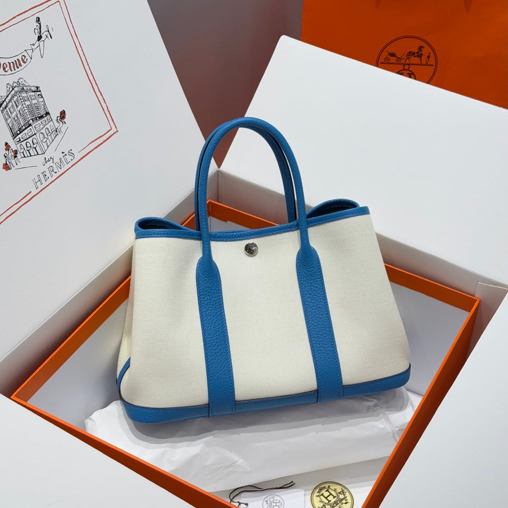 Hermes Garden Party 30cm in White Toilets Cotton Canvas and Blue Calfskin Green On Side Other Bag